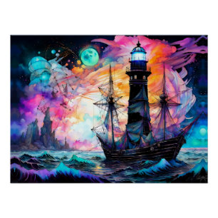 Poster Mer orageuse, phare de bateau Lune Abstrait