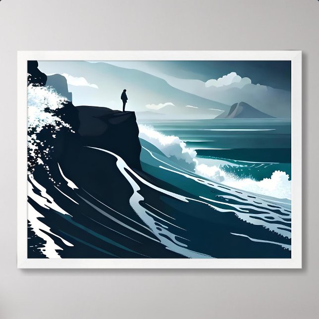 Poster mer peinture grande vague tempête nuit sombre fala (sea painting big wave storm dark night cliff beach)