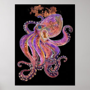 Poster Mer profonde pourpre psychédélique Kraken