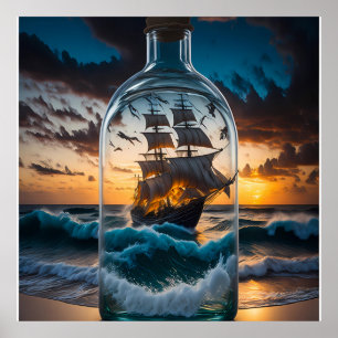 Poster Mer rugueuse avec bateau dans une bouteille