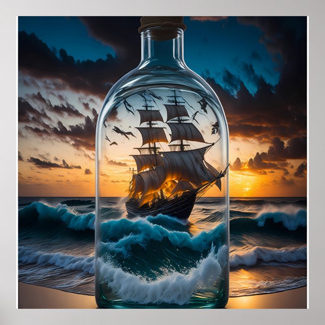 Poster Mer rugueuse avec bateau dans une bouteille (Devant)