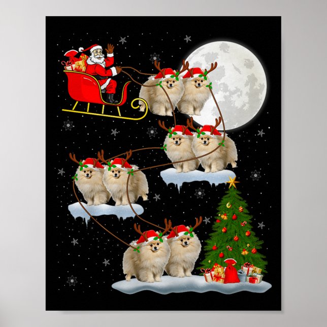 Poster Meranian Dog Santa Sleigh Flying Funny Magical Chr (Devant)