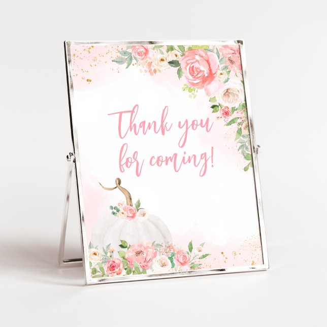 Poster Merci Citrouille d'automne floral pour venir (Pink Pumpkin Baby Shower Thank You for Coming Sign)