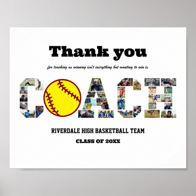 Poster Merci Coach Softball Team Photo Collage (Devant)