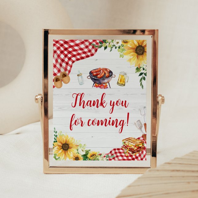 Poster Merci de Baby shower BBQ tournesol pour venir (Backyard Picnic Baby Shower Thank you for Coming Sign)