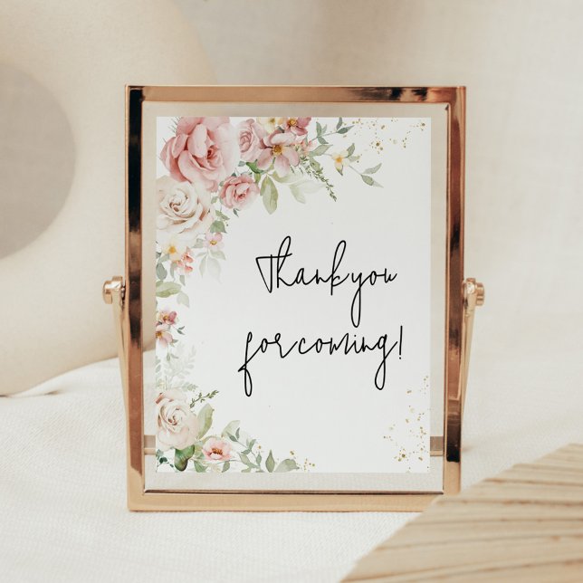 Poster Merci de Baby shower floral rose poussiéreux pour  (Dusty Pink Floral Greenery Baby Shower Thank you for Coming Sign)