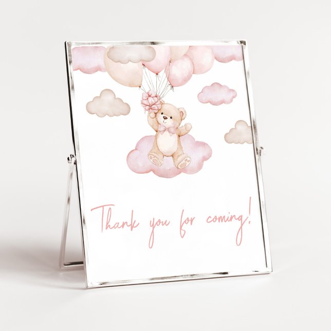 Poster Merci de ballon pour bébé rose pour venir (Pink Baby Bear Balloon Baby Shower Thank you for Coming Sign)