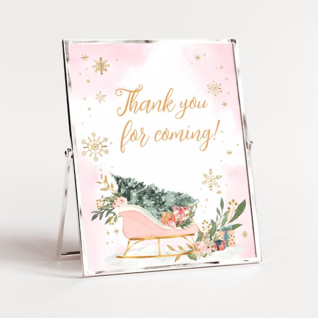Poster Merci de flocon d'hiver rose or pour venir (Pink Sleigh Baby Shower Thank You for Coming Sign)