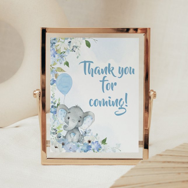 Poster Merci d'éléphant bleu petit arachide pour venir (Blue Elephant Little Peanut Baby Shower Thank you for Coming Sign)