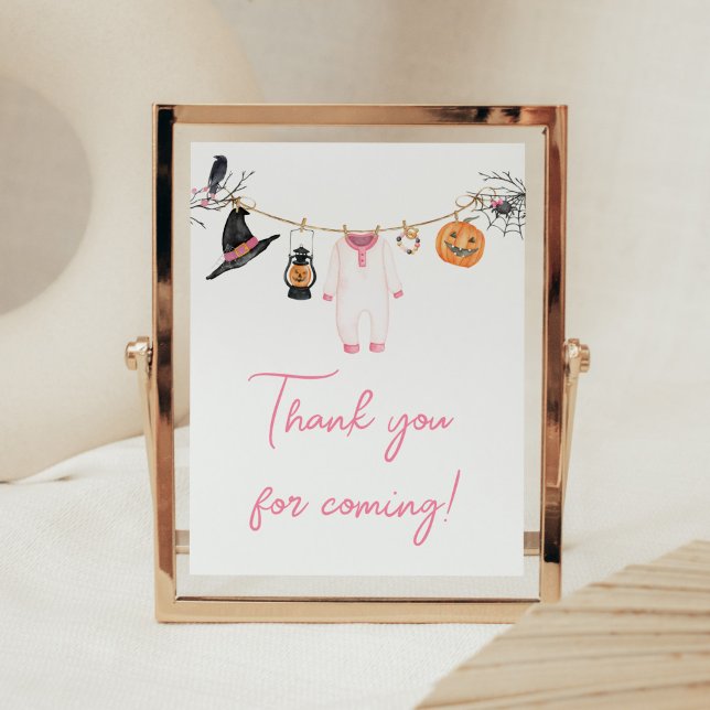 Poster Merci d'Halloween rose petit Boo pour venir (Halloween Baby Clothes Baby Shower Thank you for Coming Sign)