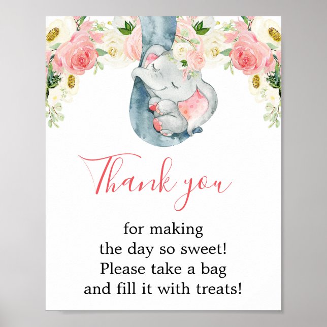 Poster Merci favorise l'éléphant fille signe baby shower (Devant)