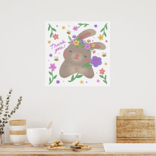 Poster Merci : Lapin avec des fleurs