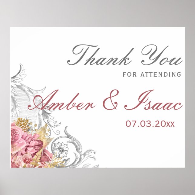 Poster Merci Mariage rose élégant (Devant)