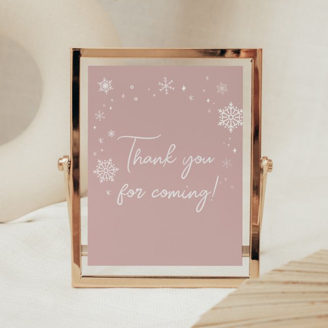 Poster Merci moderne de flocons de neige rose pour venir (Modern Pink Baby It's Cold Outside Baby Shower Thank you for Coming Sign)