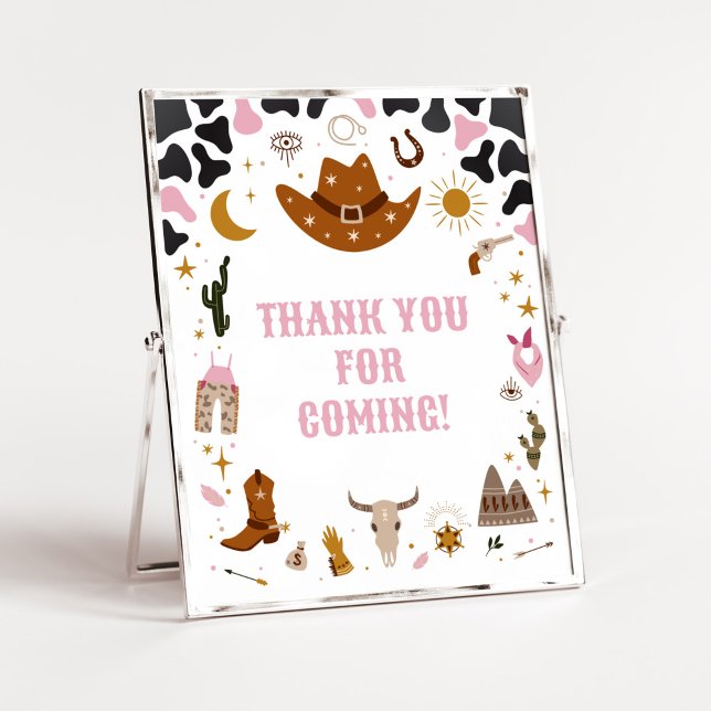 Poster Merci pour bébé cowgirl occidentale rose pour veni (Boho Wild West Rodeo Baby Shower Thank you for Coming Sign)