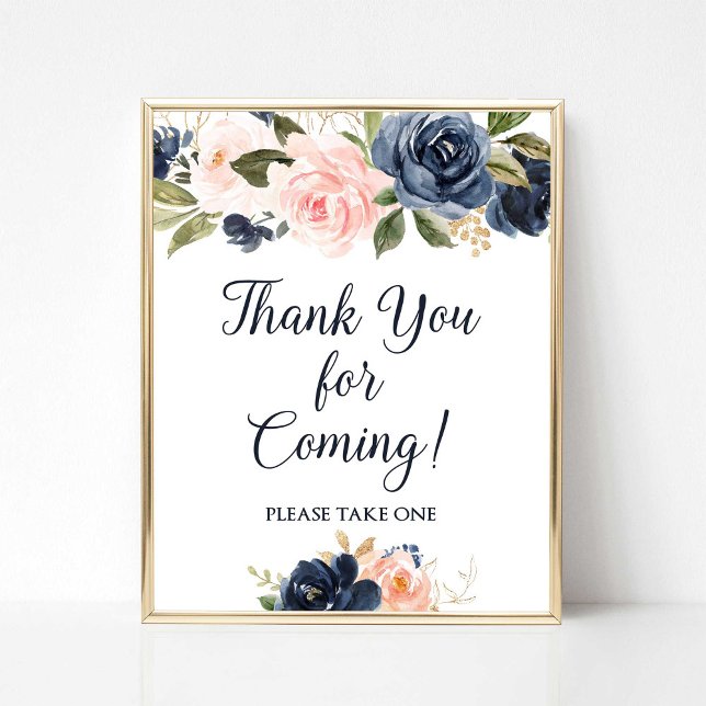 Poster Merci Pour Venir Faveur Sign Navy & Blush (Thank You For Coming Please Take One Favor Sign, Navy & Blush Floral)