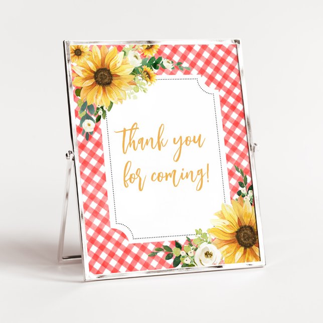 Poster Merci rouge de tournesol pique-nique pour venir (Floral Picnic Baby Shower Thank you for Coming Sign)