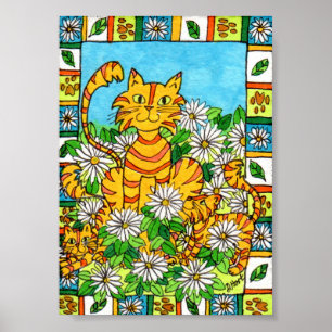 Poster Mère Chat & Chatons en Daisy Patch Mini Folk Art