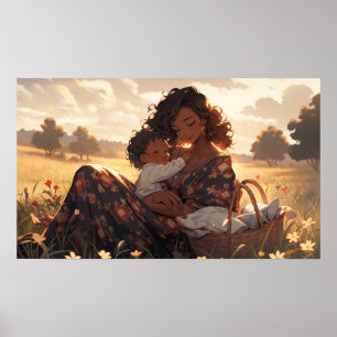 Poster Mère d'Anime dans la prairie matinale