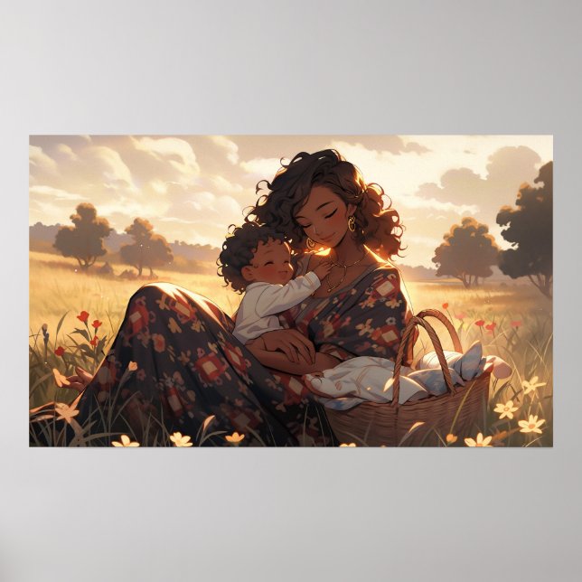 Poster Mère d'Anime dans la prairie matinale (Devant)