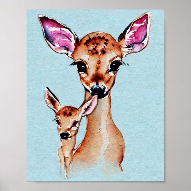 Poster Mère Et Bébé Cerf Aquarelle Amour Famille (Devant)