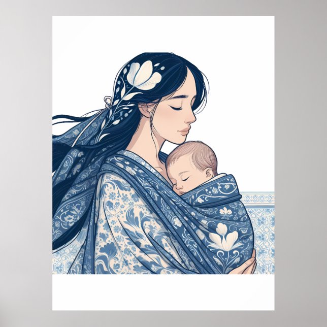 Poster Mère et Bébé – L'étreinte florale bleue Art (Devant)