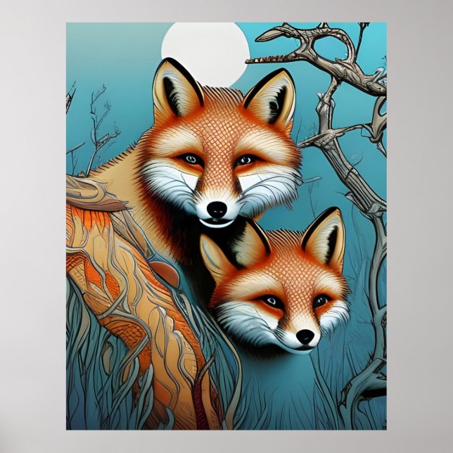 Poster Mère et bébé Renard rouge (Devant)