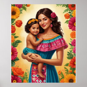 Poster Mère et enfant en robe traditionnelle mexicaine