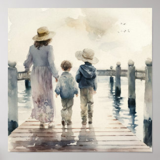 Poster Mère et enfants en bord de mer