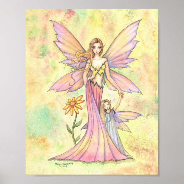 Poster Mère et fille Fée Aquarelle Art Peinture (Devant)