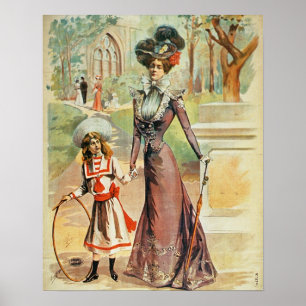 Poster Mère et fille sur une promenade (litho couleur)