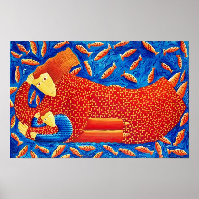 Poster Mère Et Fils Avec Art De Peinture De Poisson D'Or  (Devant)