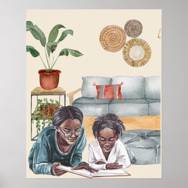 Poster Mère noire et fille lisant ensemble Wall Art (Devant)