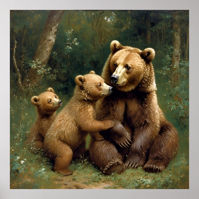 Poster Mère Ours avec des oursons dans un cadre forestier (Devant)