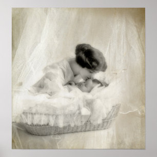 Poster Mère vintage Bébé baisant à Bassinet