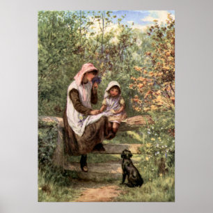 Poster Mère vintage et enfant dans un cadre champêtre