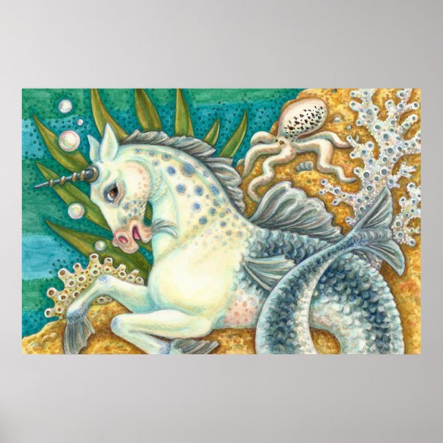 POSTER MERHORSE & OCTOPUS BLANC, CHEVAL UNICORN IMAGINAIR (Devant)