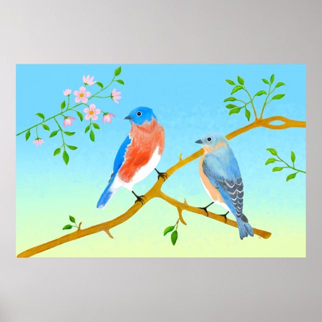 Poster Merles Bleus Bleu Clair & Vert (Devant)