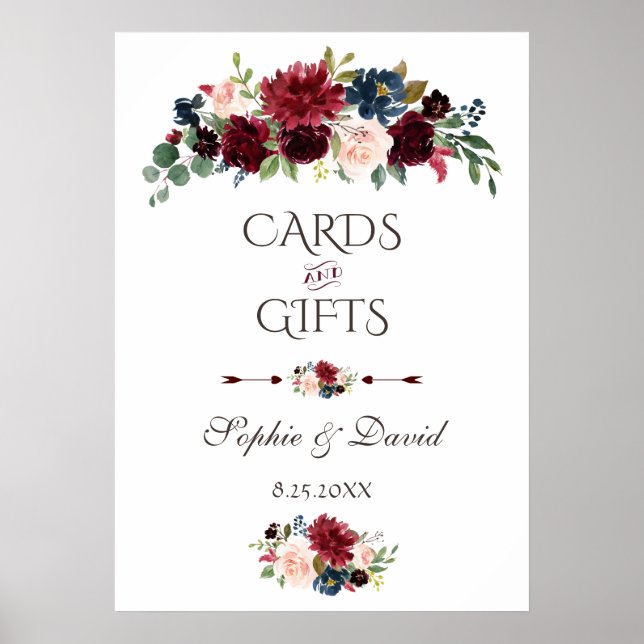 Poster Merlot Marine Blue Floral Cartes et cadeaux Mariag (Devant)