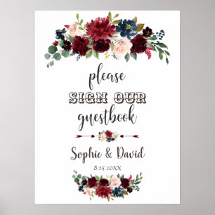Poster Merlot Navy Blue Floral S'il vous plaît signer not