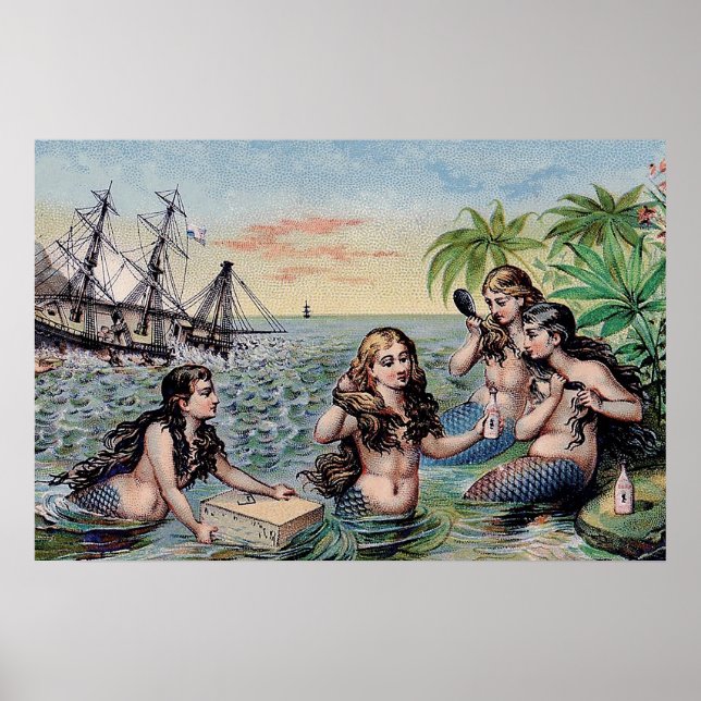 Poster Mermaid Antique Magie Océan Nautique (Devant)