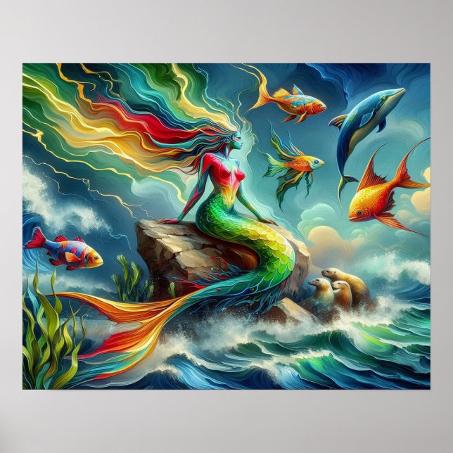 Poster Mermaid assis sur le rocher entouré de Whimsical 1 (Devant)