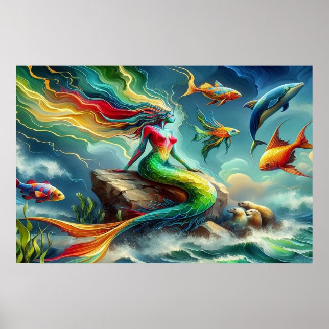 Poster Mermaid assis sur le rocher entouré de Whimsical 3 (Devant)
