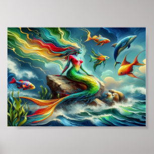 Poster Mermaid assis sur un rocher entouré de Whimsical 7