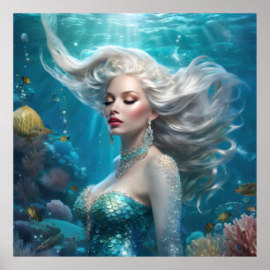 Poster Mermaid cheveux en argent Turquoise Océan