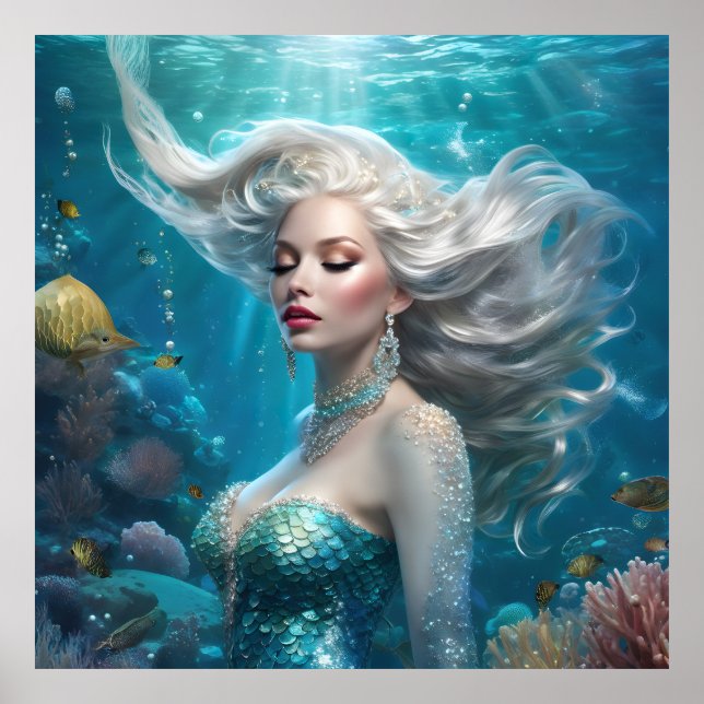 Poster Mermaid cheveux en argent Turquoise Océan (Devant)