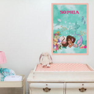 Poster Mermaid Cheveux foncé rose Starfish mignonne perso