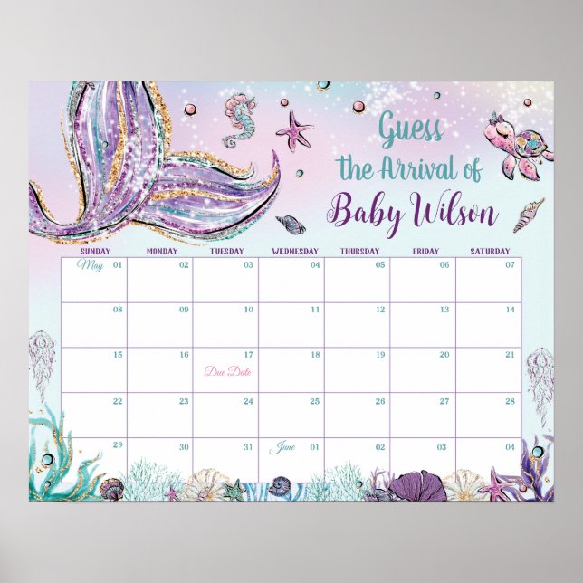 Poster Mermaid de Whimsical Guess Baby's Arrival Birth Ga (Devant)