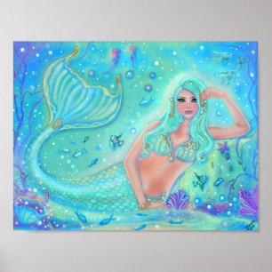 Poster Mermaid Eira aux poissons tropicaux par Renee Lavo