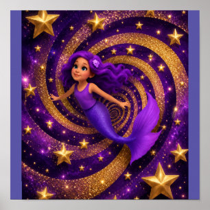 Poster Mermaid Étoile Dorée Violette Illusion d'Optique
